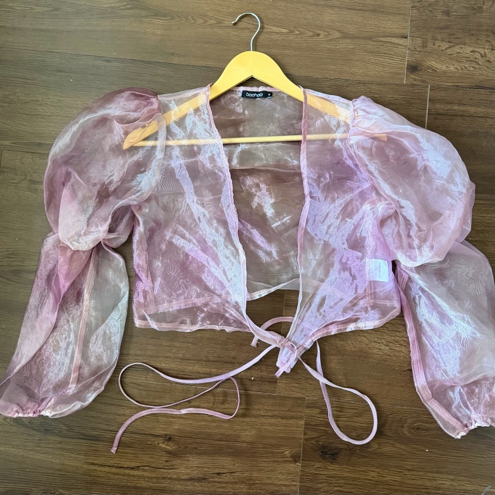 Boohoo Sheer Dusty Pink Puff-Sleeve Tie-Front Crop Top